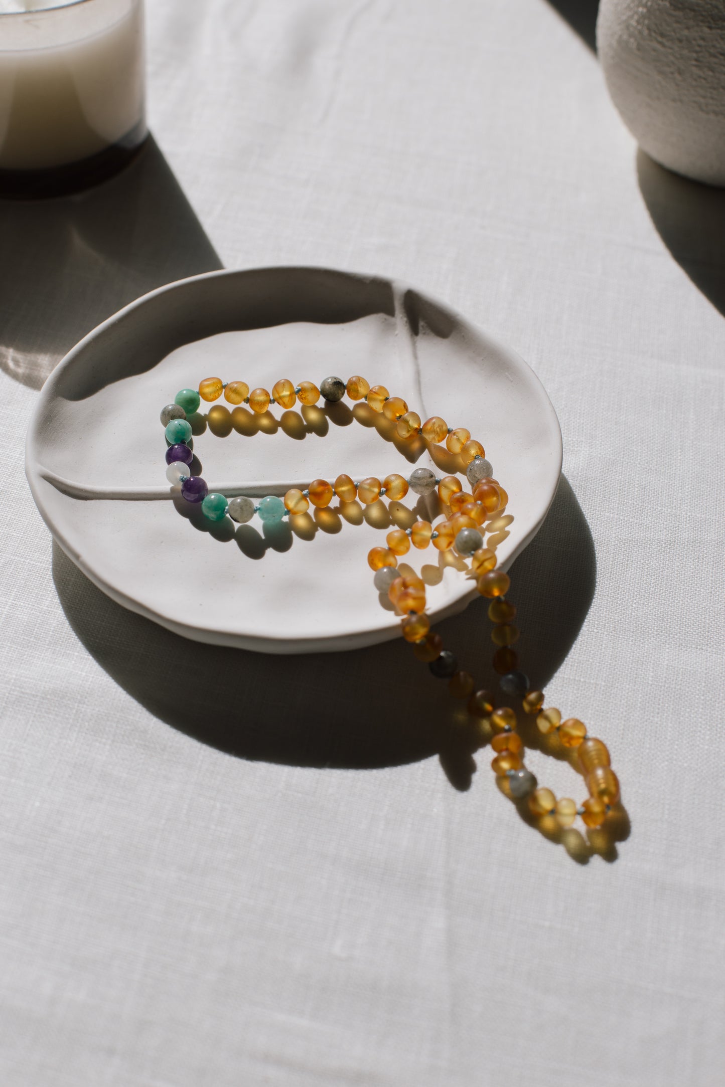 Elisa necklace. Amber, labradorite, amazonite, amethyst and moonstone.