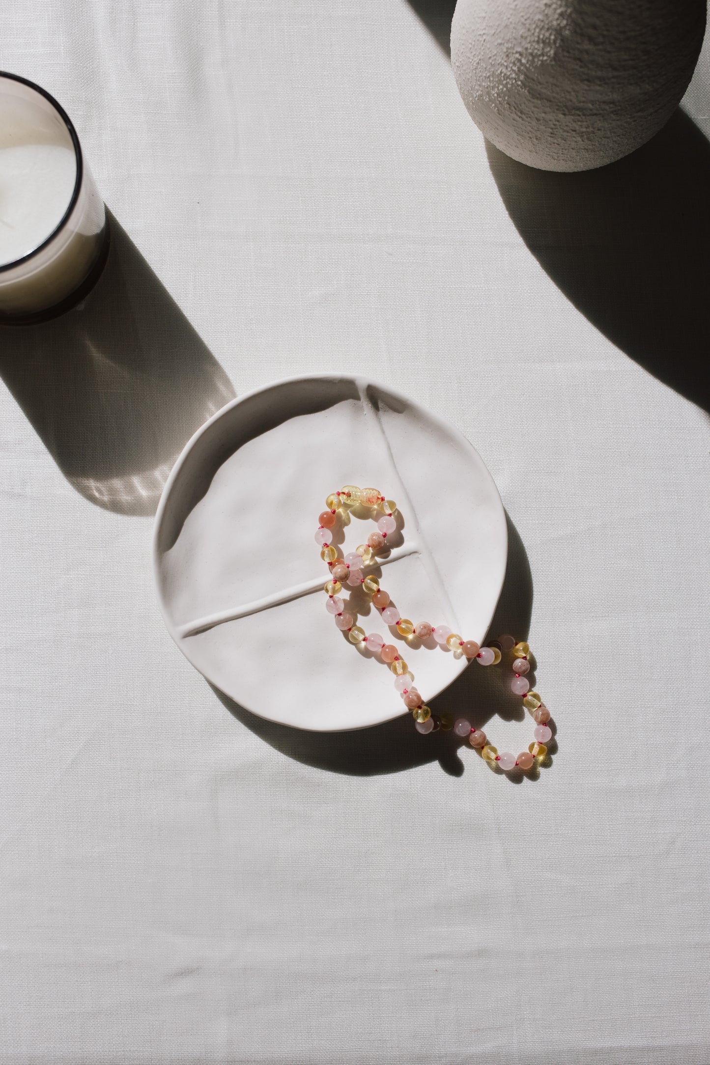 Emma necklace. Amber, sun stone and rose quartz. 