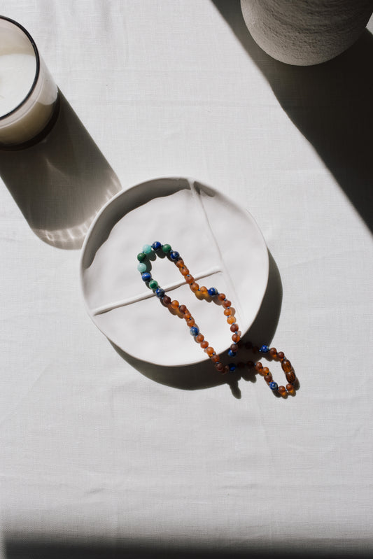Ada necklace. Amber, lapis lazuli, jade and amazonite