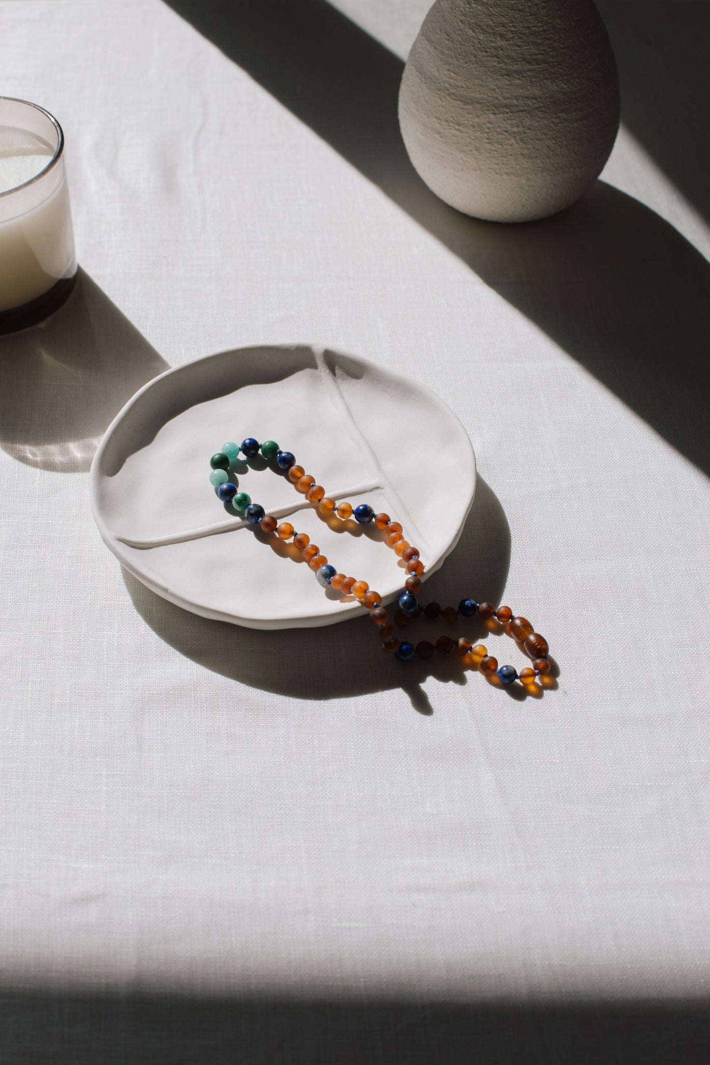 Ada necklace. Amber, lapis lazuli, jade and amazonite