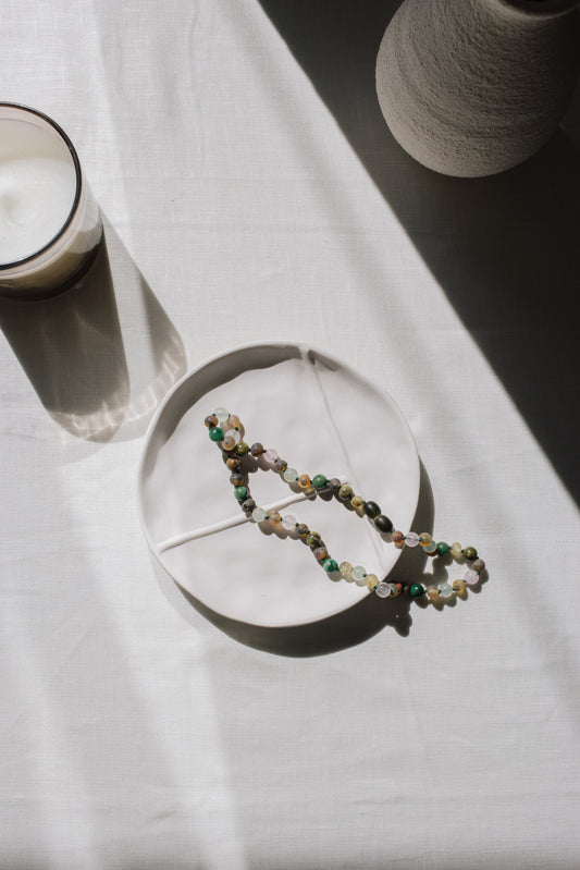Amaya necklace. Green amber, jade, aventurine, unakite and rose quartz.
