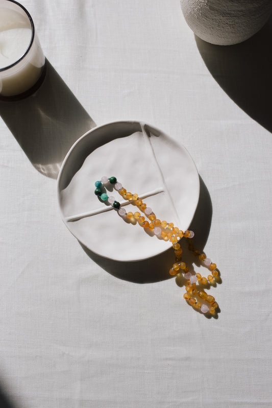Ernestine necklace. Amber, jade, amazonite and rose quartz.