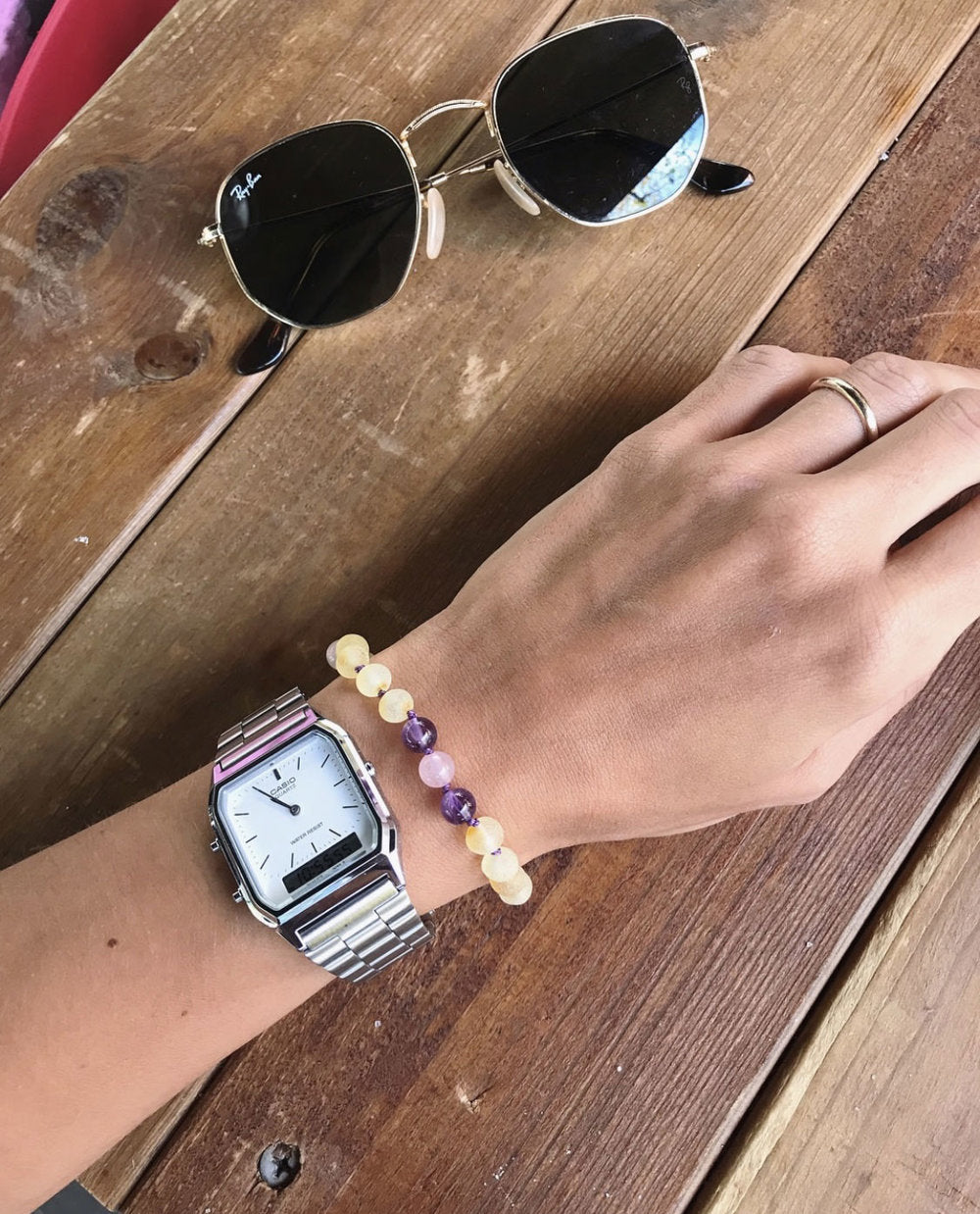 Rafaela bracelet. Amber, amethyst and rose quartz.